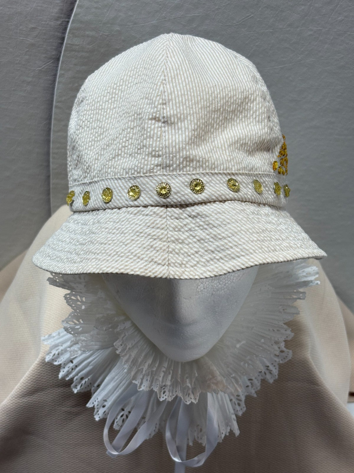 Cream Corduroy Bucket Hat - Gold Rhinestone Crown Design Bling Bucket