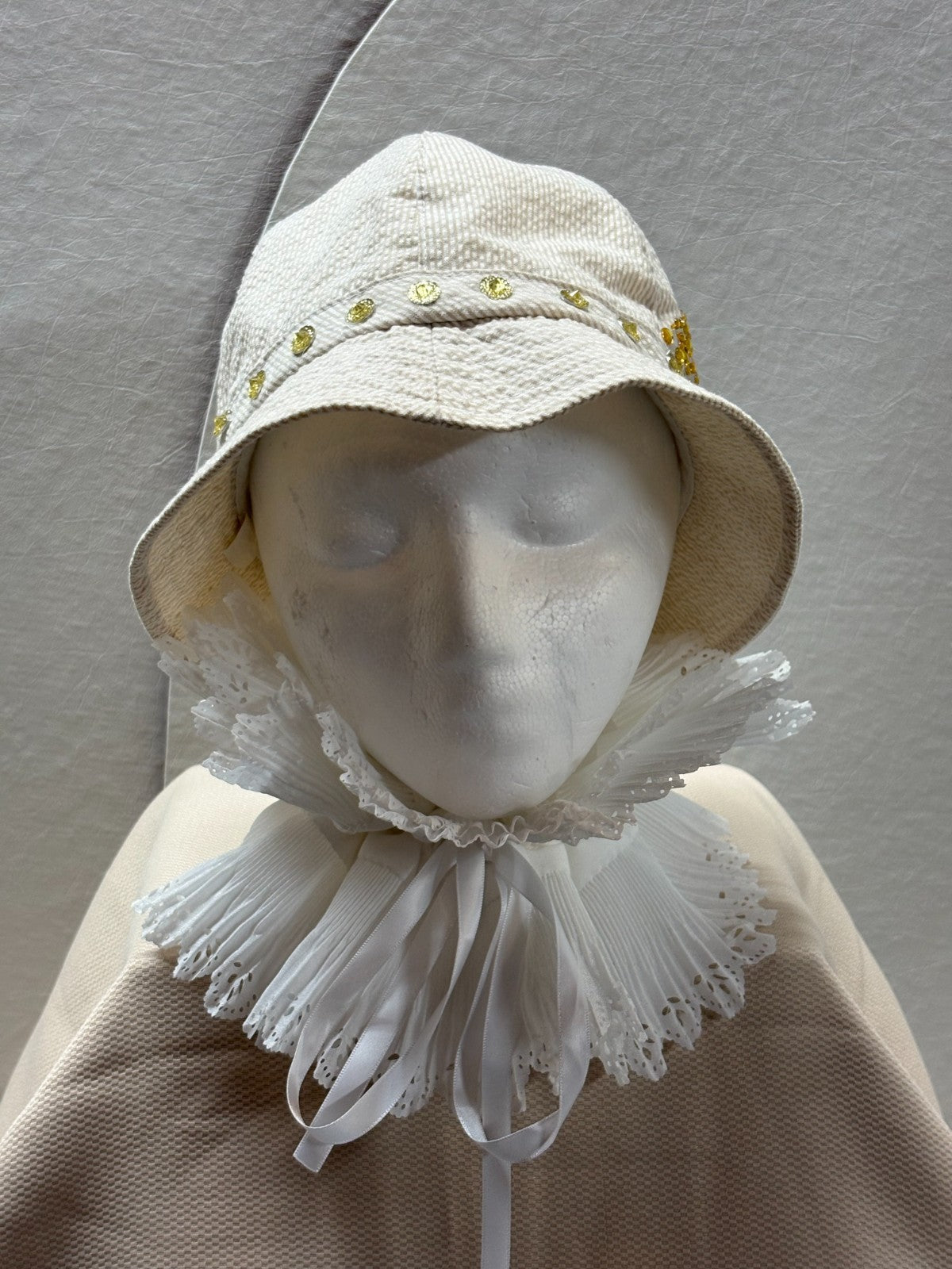 Cream Corduroy Bucket Hat - Gold Rhinestone Crown Design Bling Bucket
