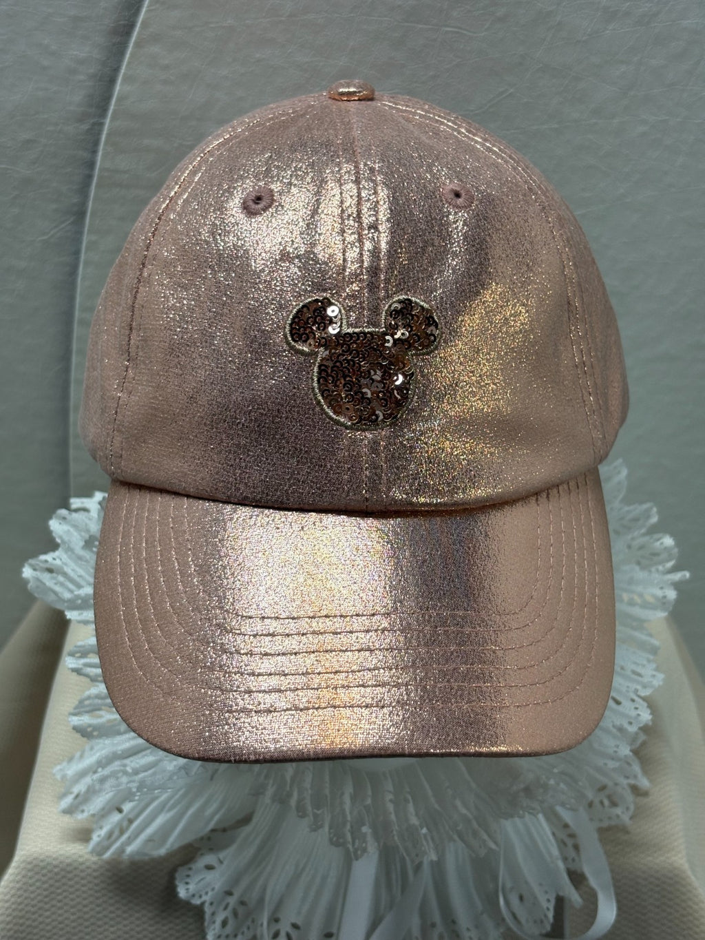 Rose Gold Sequin Mouse Ears Baseball Cap- Metallic Glitter Hat - one size - Pink
