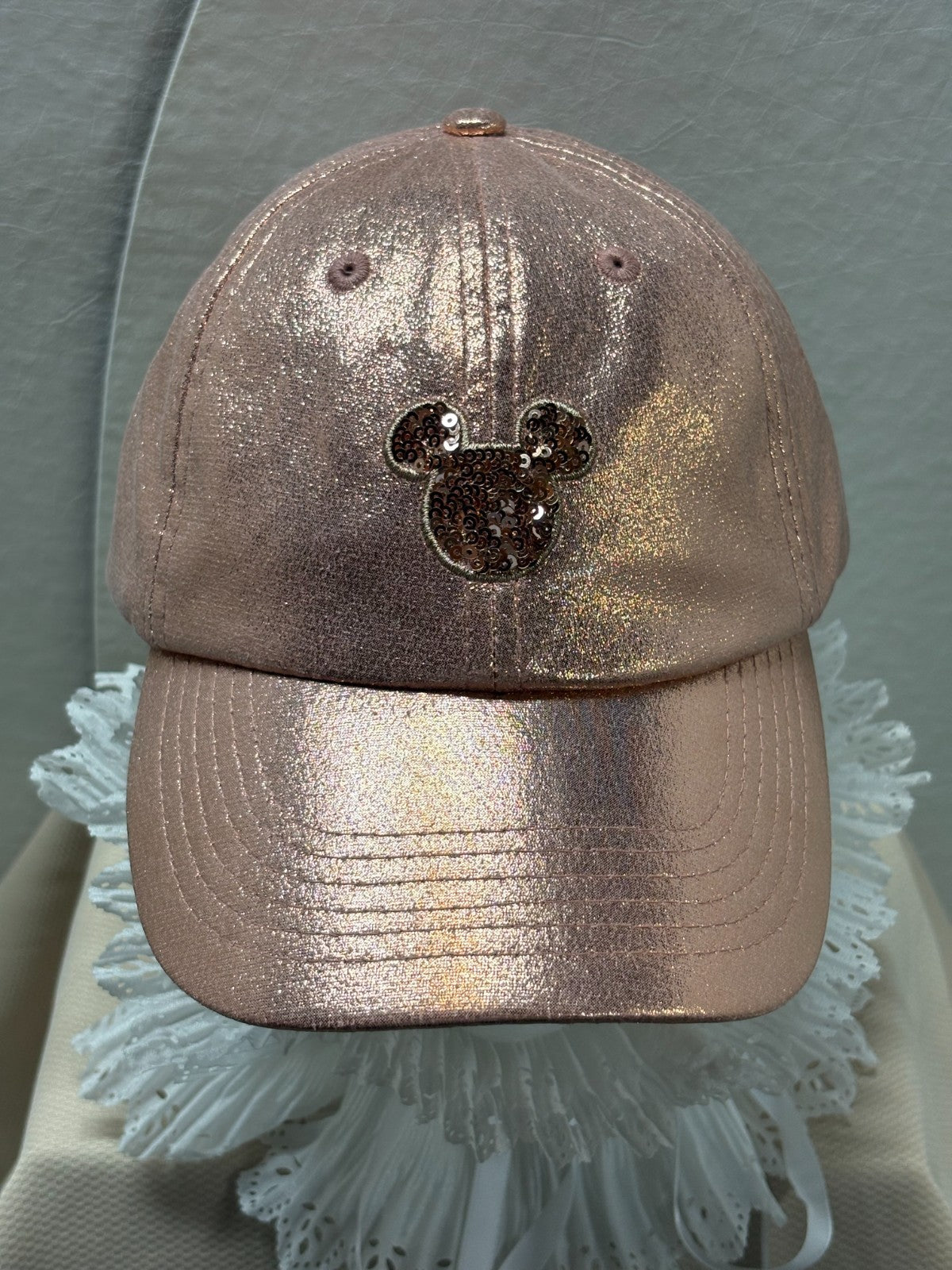 Rose Gold Sequin Mouse Ears Baseball Cap- Metallic Glitter Hat - one size - Pink