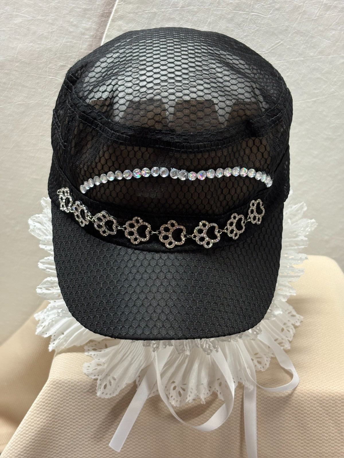Dog Lover Bling Hat - Paw Print Rhinestone Cap - Black Mesh - Lace Ruffle