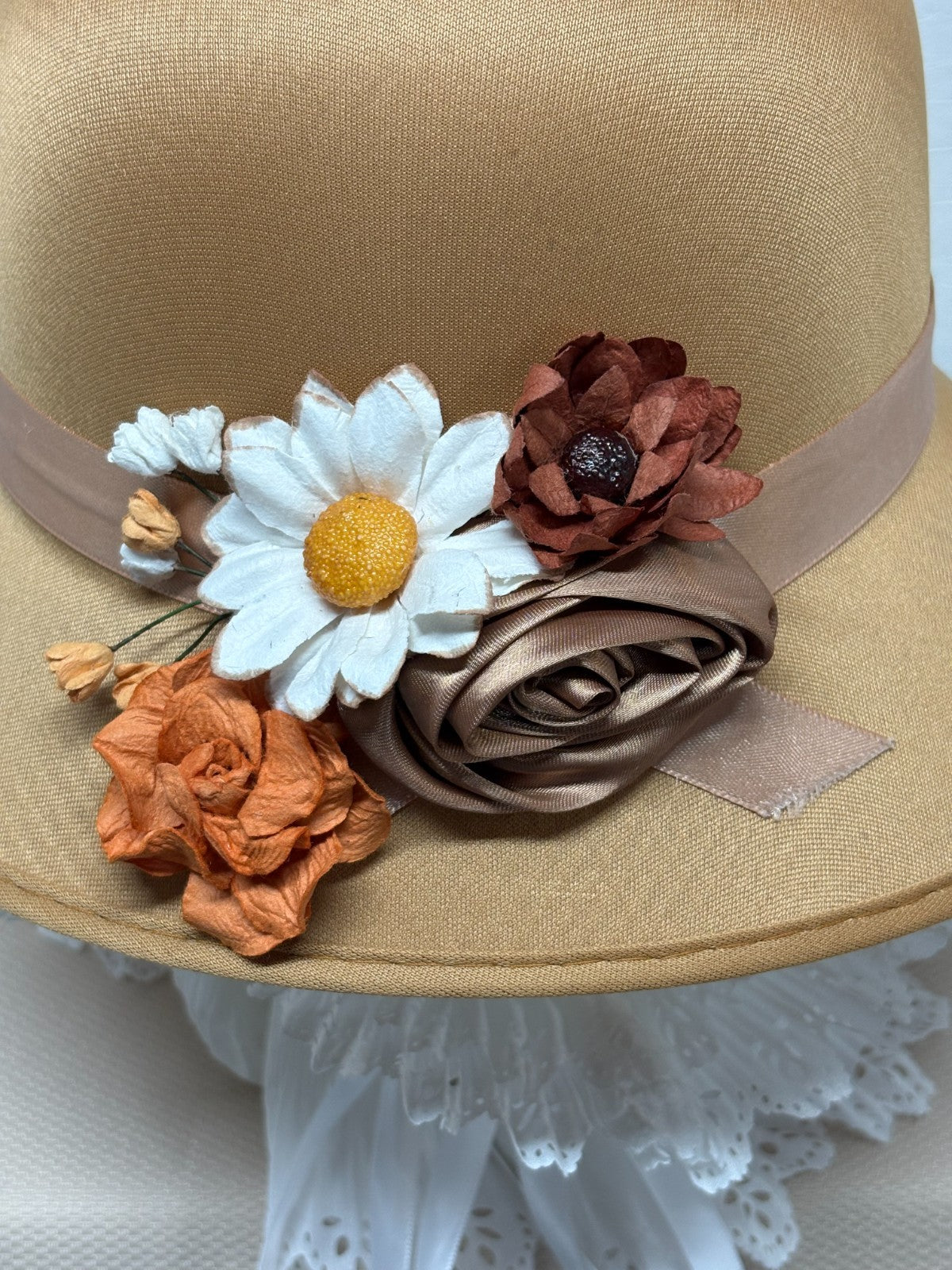 Tan Bowler Derby Hat - Boho Floral Daisy Rose - Tea Party Church Hat - Handmade