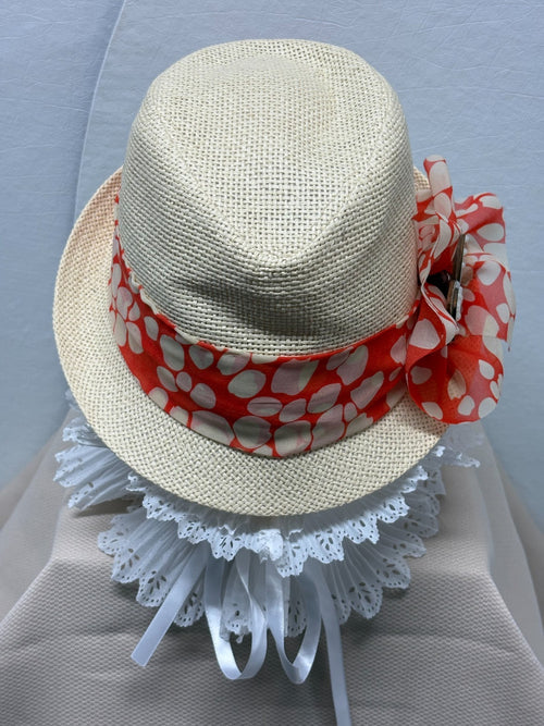 Beige Straw Fedora Hat - Coral Orange White Polka Dot Scarf Bow Pearl Butterfly