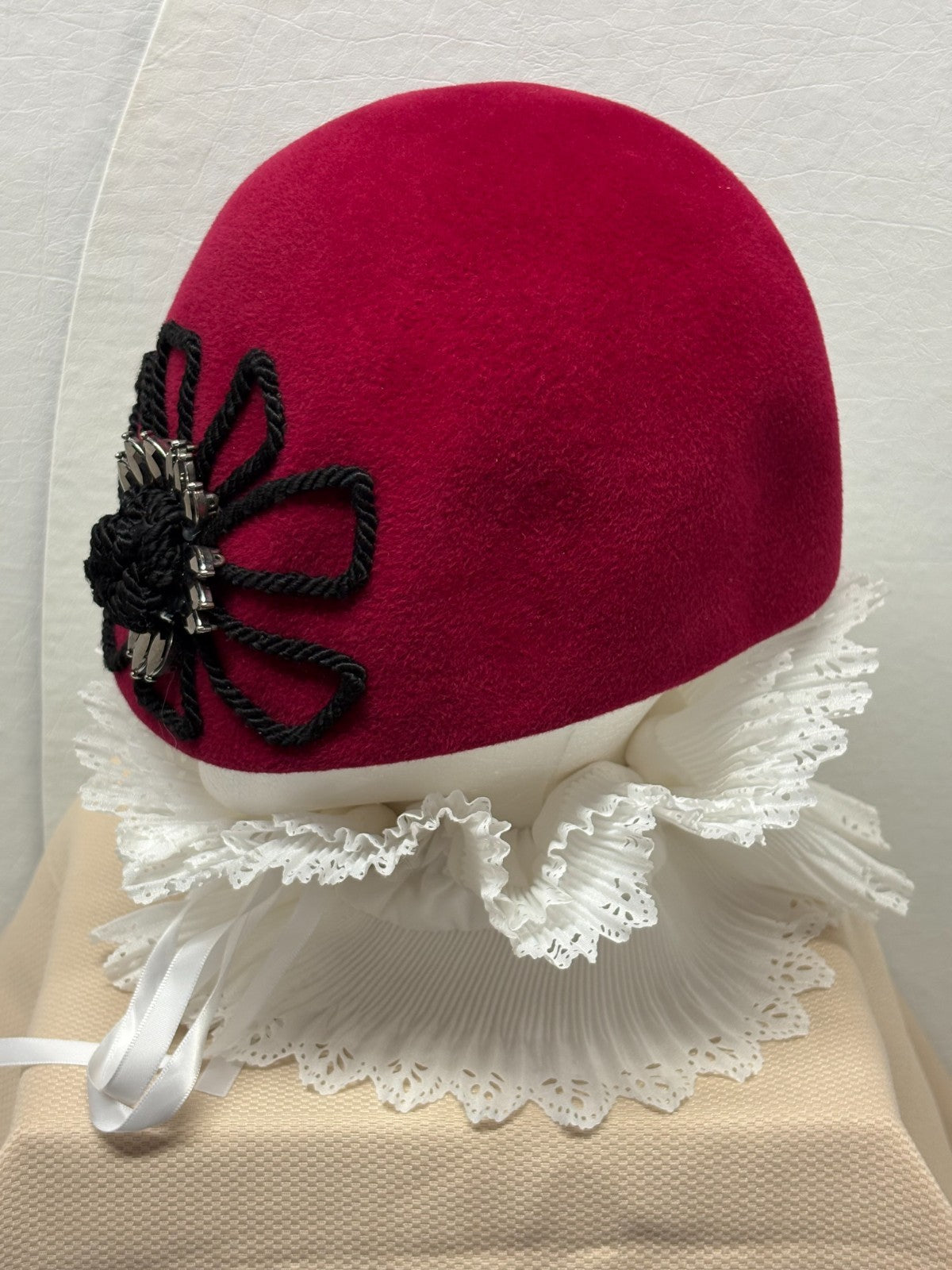 Red Beret Hat - Black Rope Flower Rhinestone - French Parisian Statement Hat