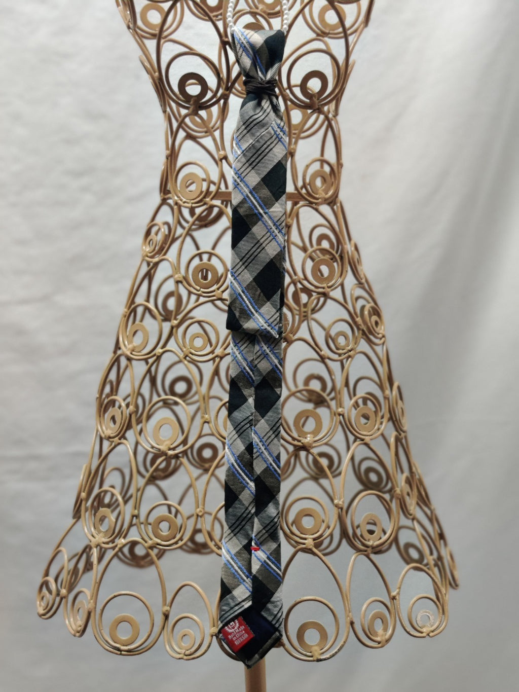 Women's Glam Plaid Jabot Necklace - Gray Black Blue Plaid Tie - Silver Rhineston