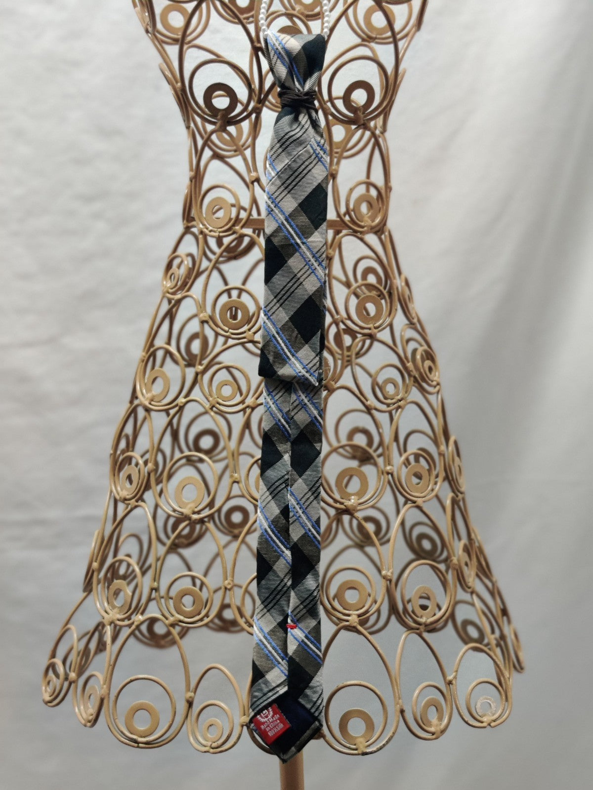 Women's Glam Plaid Jabot Necklace - Gray Black Blue Plaid Tie - Silver Rhineston