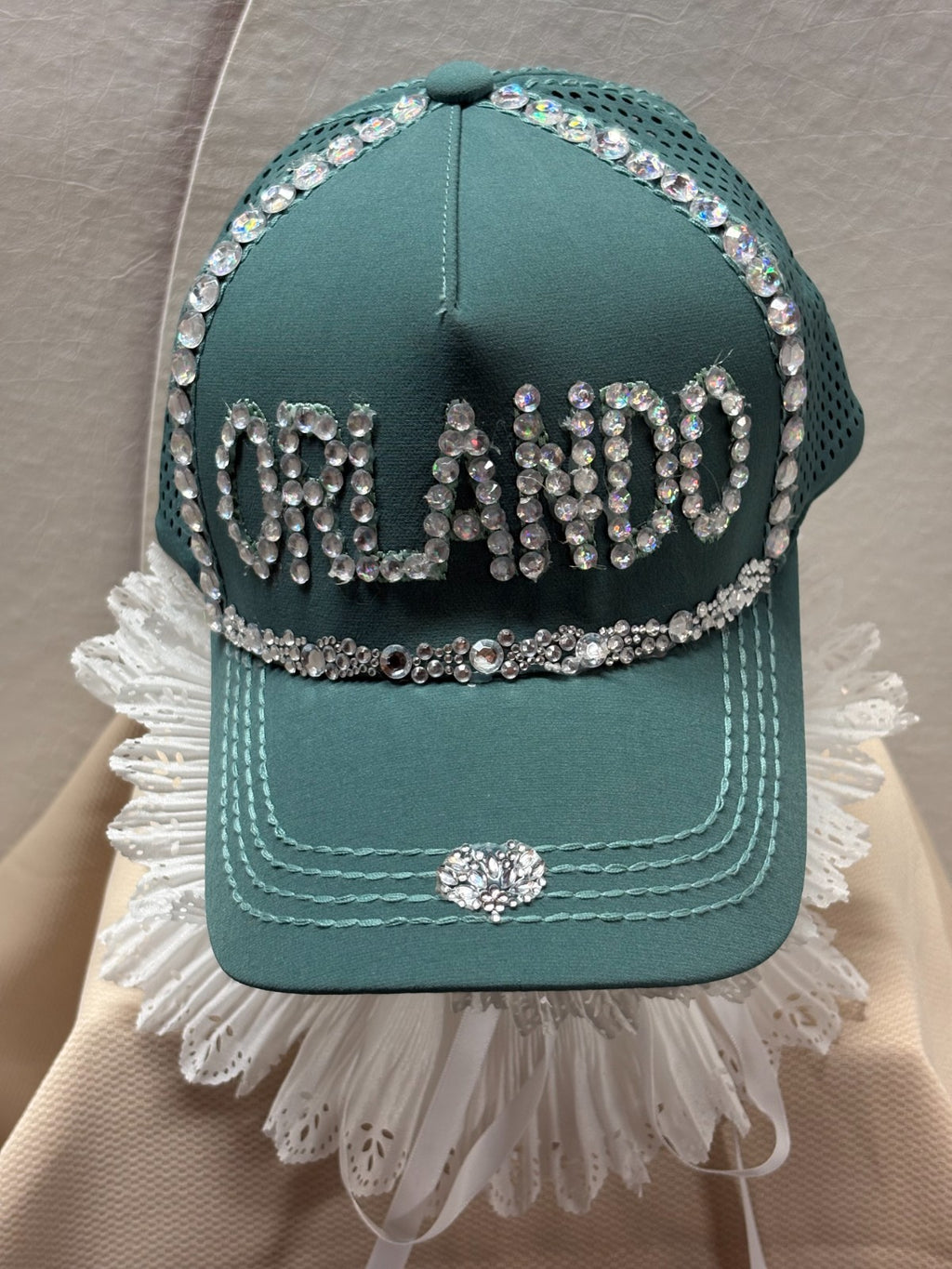Orlando Bling Baseball Cap - Rhinestone Sage Green Trucker Hat - Handmade Sparky