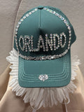 Orlando Bling Baseball Cap - Rhinestone Sage Green Trucker Hat - Handmade Sparky