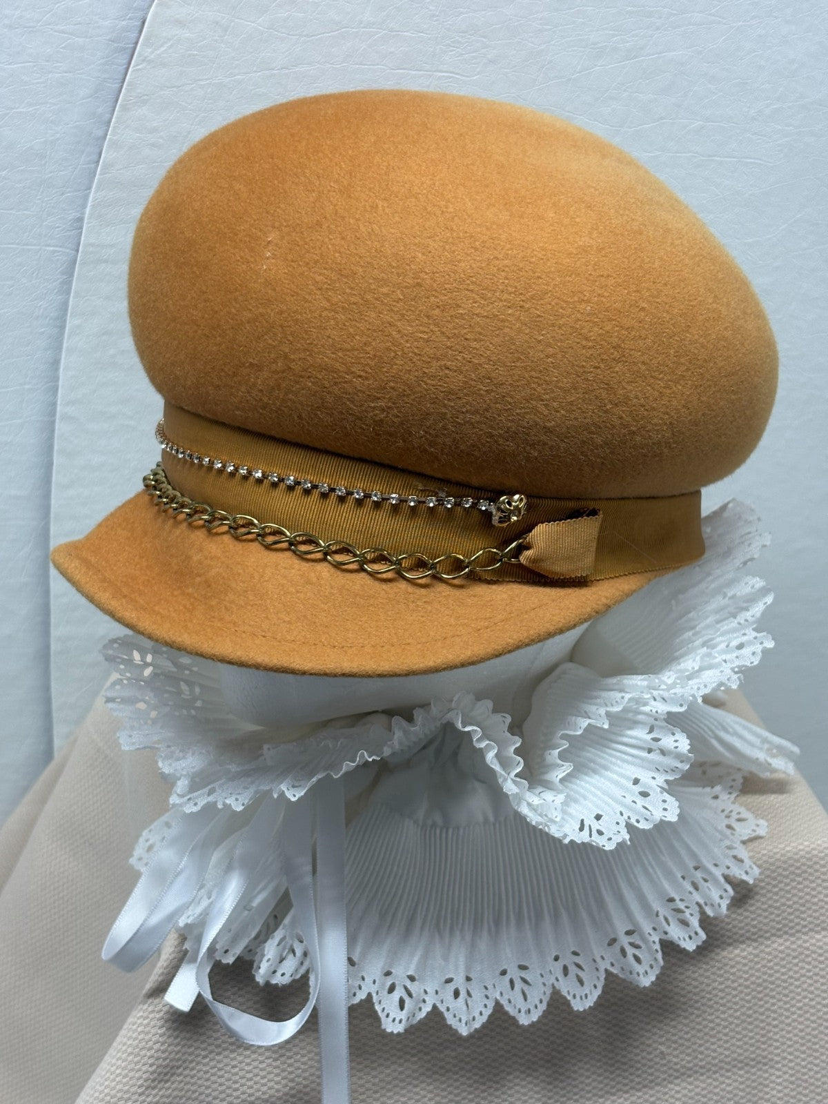 Camel Tan Baker Boy Newsboy Hat - Gold Chain & Rhinestone Trim - Designer Bling