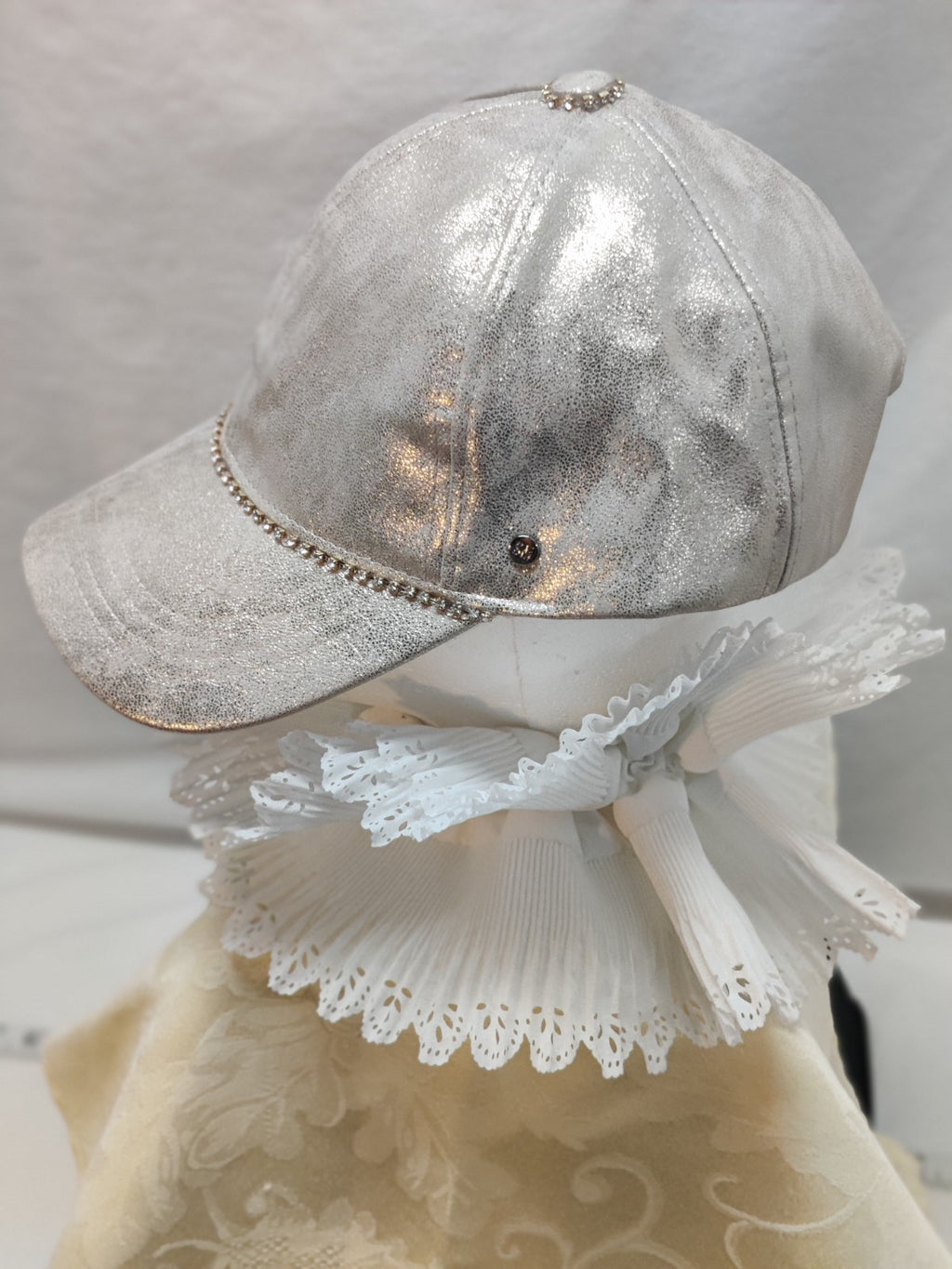 Silver Metallic Baseball Cap Bling Rhinestone Trim - Sparkly Glam Athleisure Hat