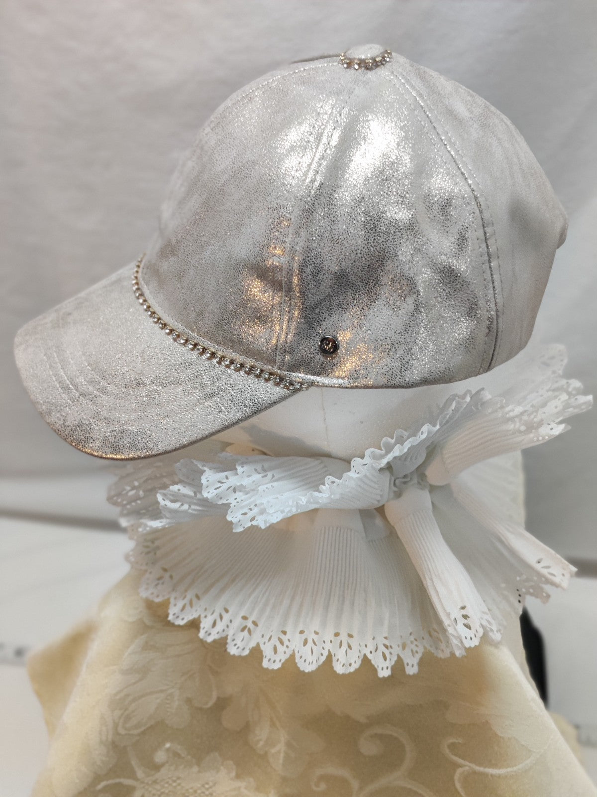 Silver Metallic Baseball Cap Bling Rhinestone Trim - Sparkly Glam Athleisure Hat