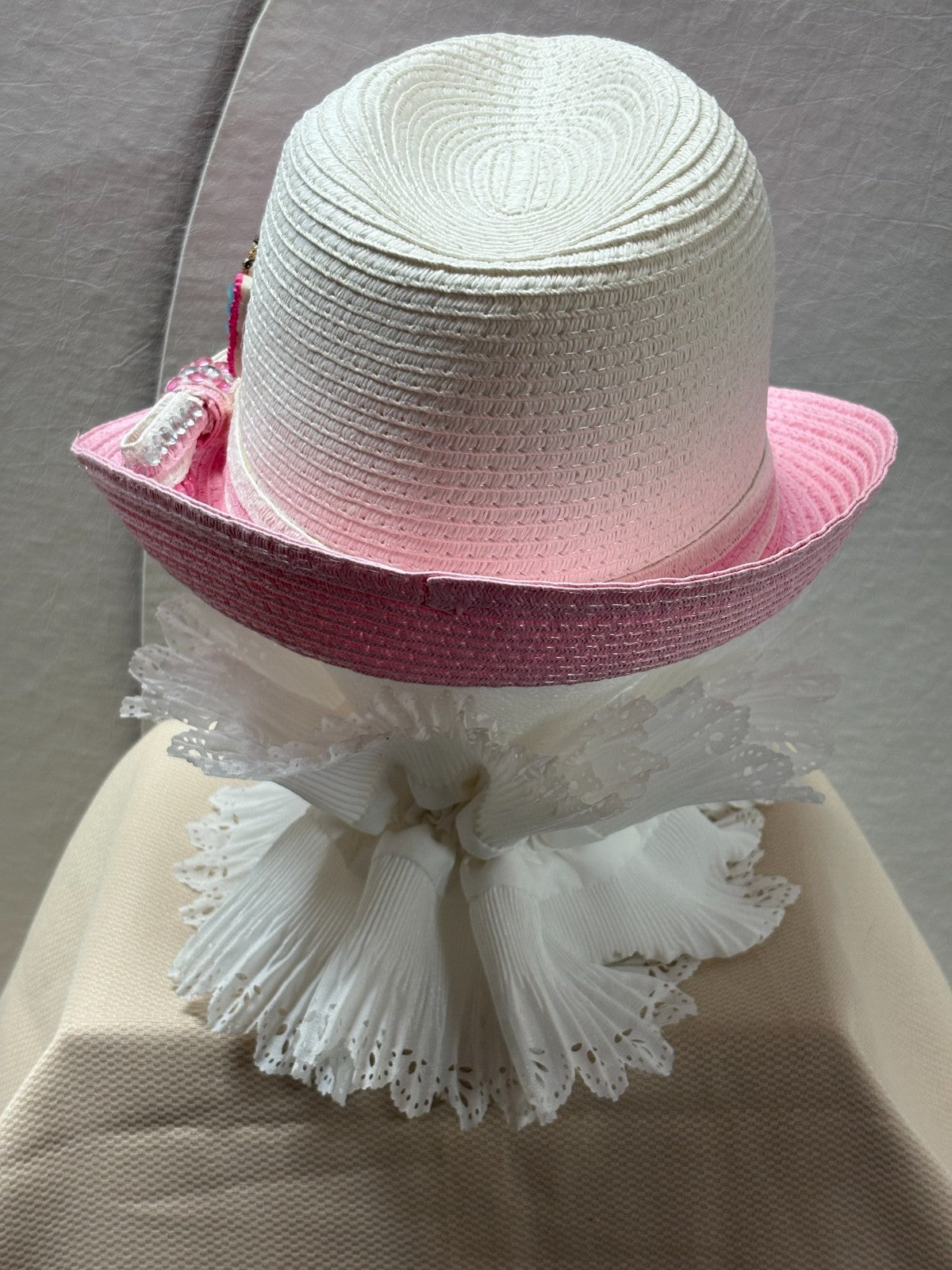 Pink &White Fedora Hat - Girls Women Straw Fedora - Rhinestone Bow & Butterfly
