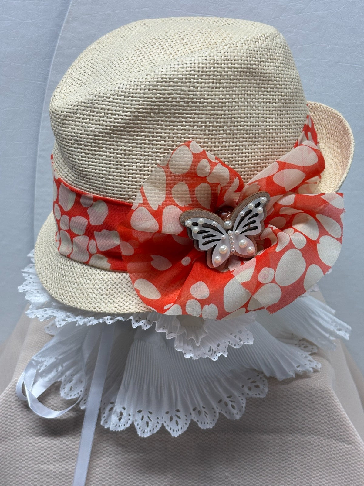 Beige Straw Fedora Hat - Coral Orange White Polka Dot Scarf Bow Pearl Butterfly