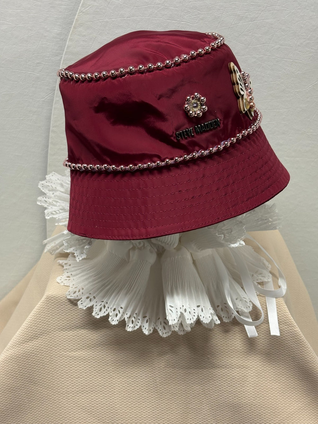 Steve Madden Burgundy Bucket Hat - Pearl Chain and Butterfly Bling - Handmade