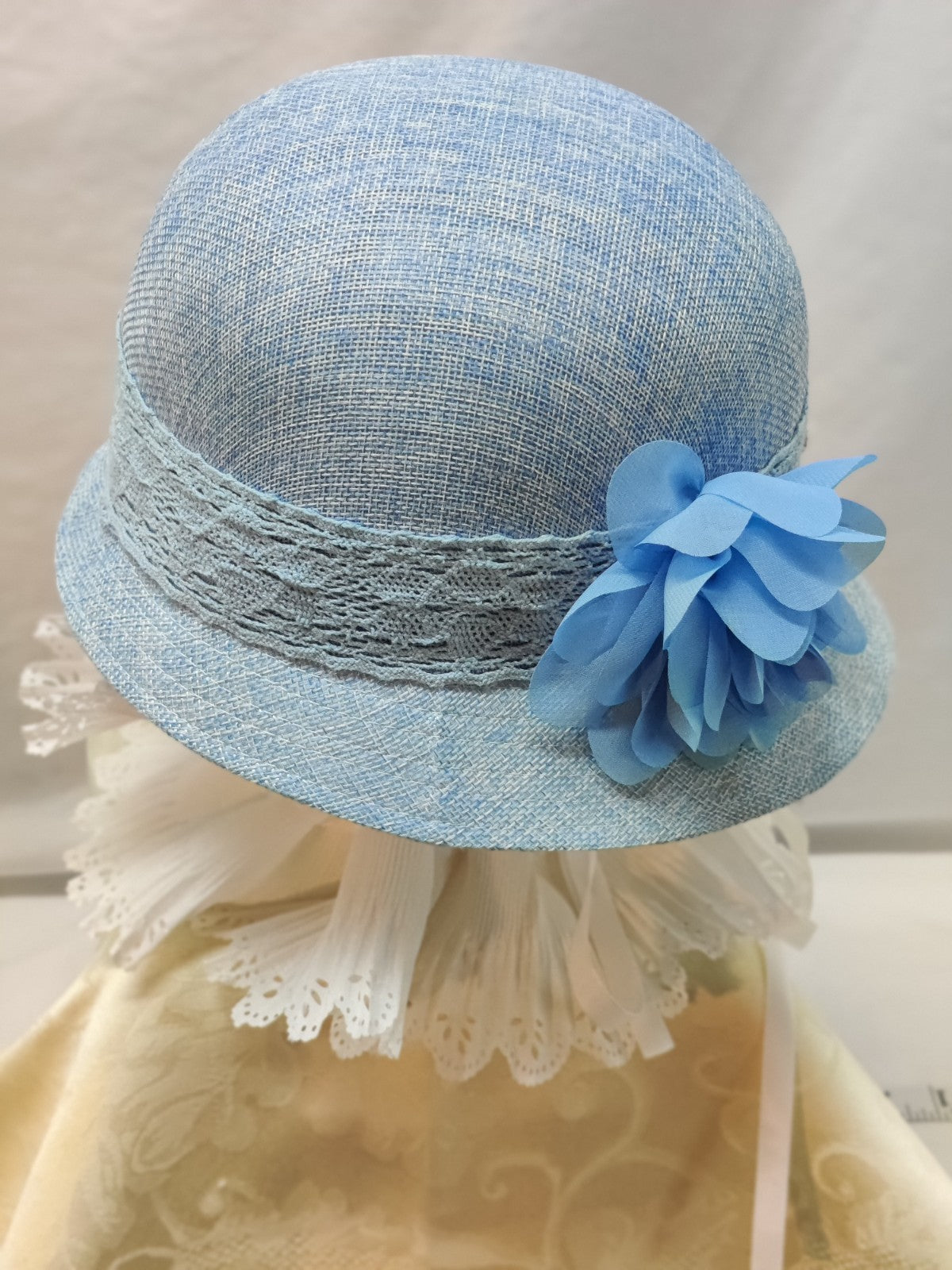 Angela & Williams Cloche Hat Baby Blue Linen -Embellished Pearl Rhinestones Lace