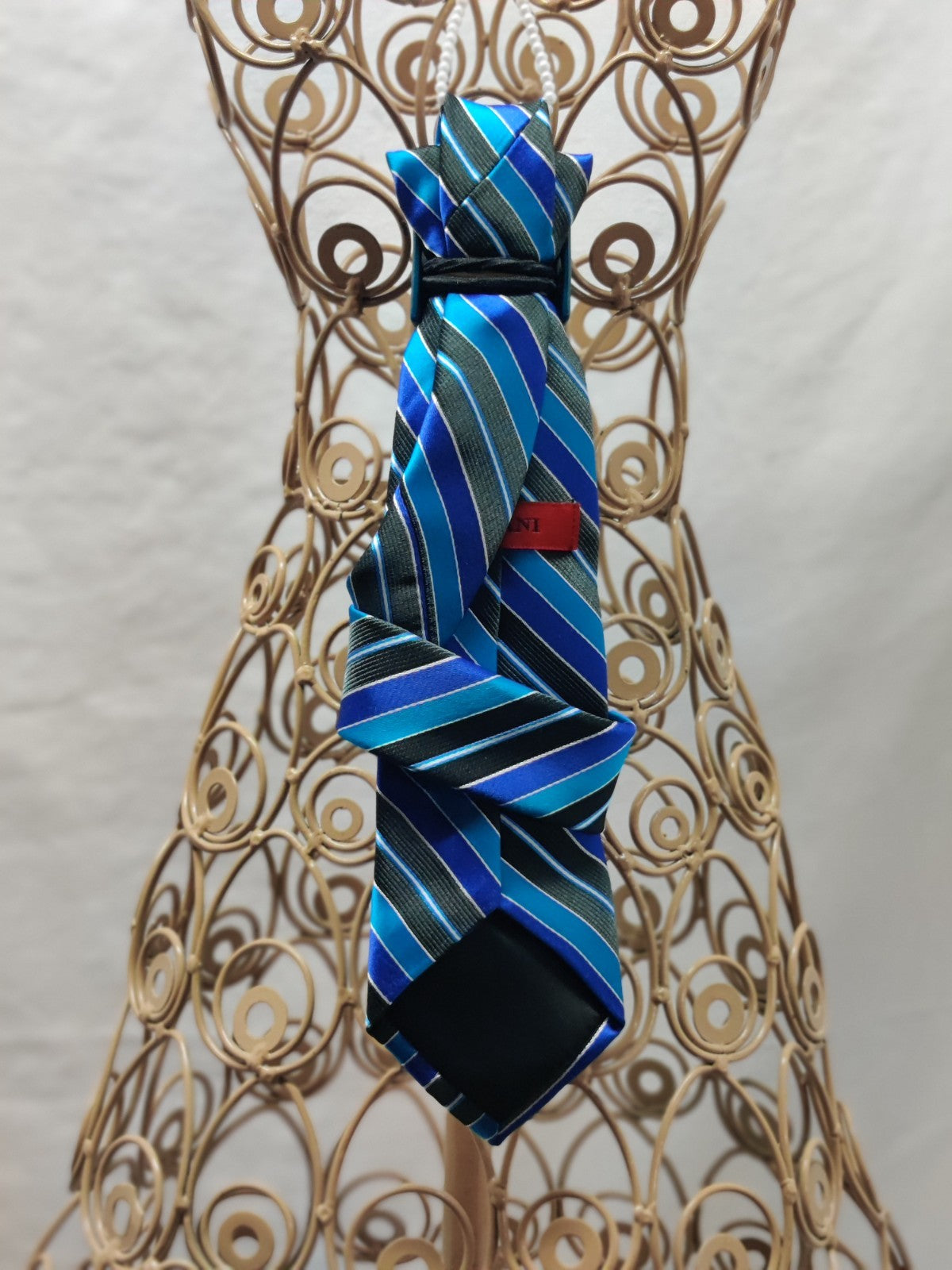 Women's Beach Jabot Necklace - Blue Black Striped Satin Tie - Starfish Brooch