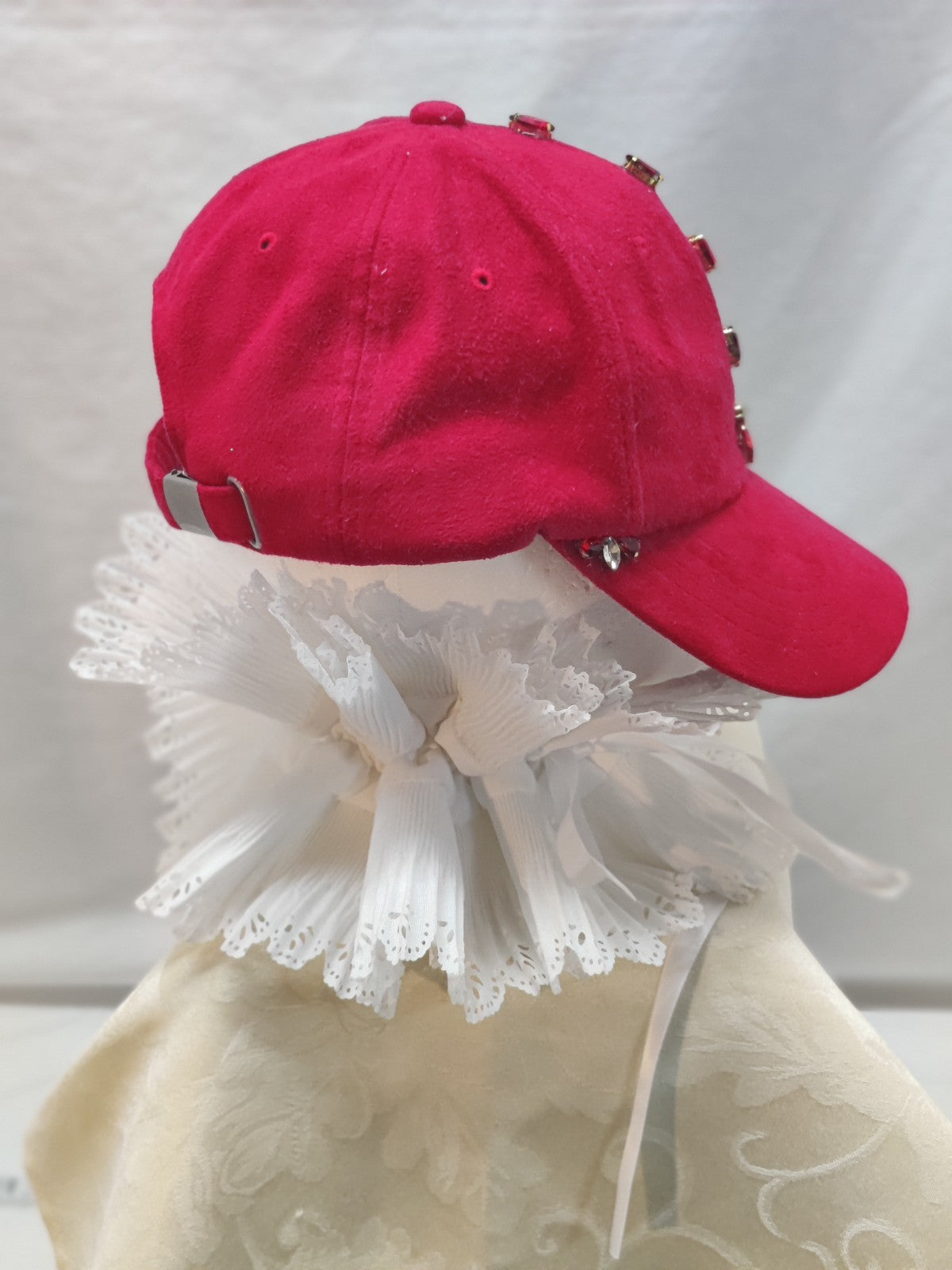 Red Suede Baseball Cap Ruby Rhinestone Jewels - Valentine Christmas Bling Hat