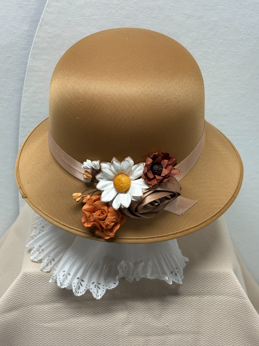 Tan Bowler Derby Hat - Boho Floral Daisy Rose - Tea Party Church Hat - Handmade
