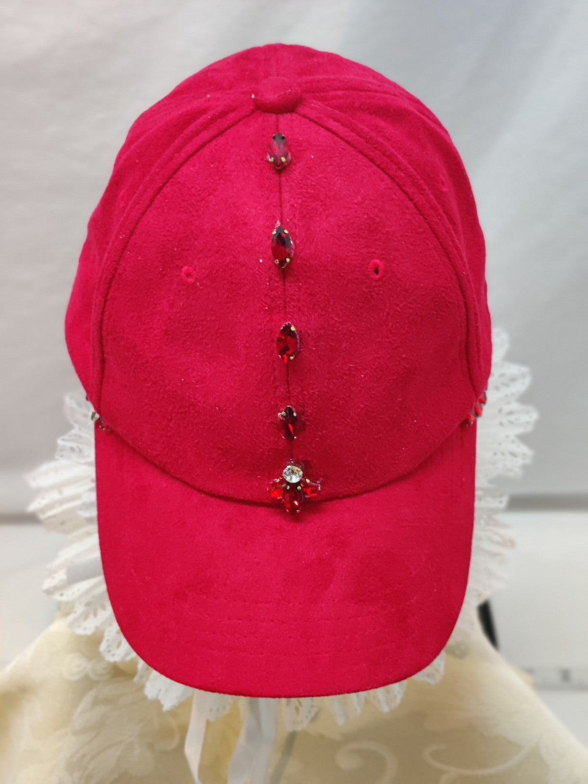 Red Suede Baseball Cap Ruby Rhinestone Jewels - Valentine Christmas Bling Hat