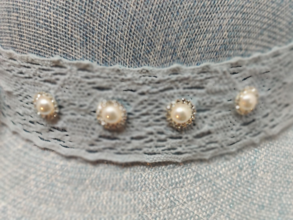 Angela & Williams Cloche Hat Baby Blue Linen -Embellished Pearl Rhinestones Lace