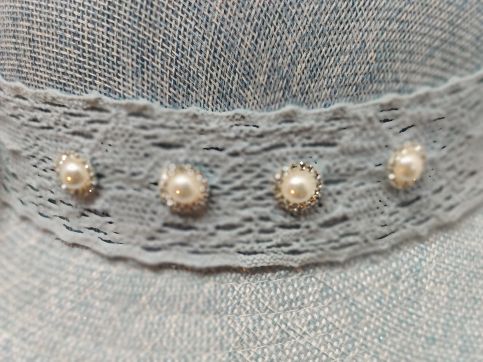 Angela & Williams Cloche Hat Baby Blue Linen -Embellished Pearl Rhinestones Lace