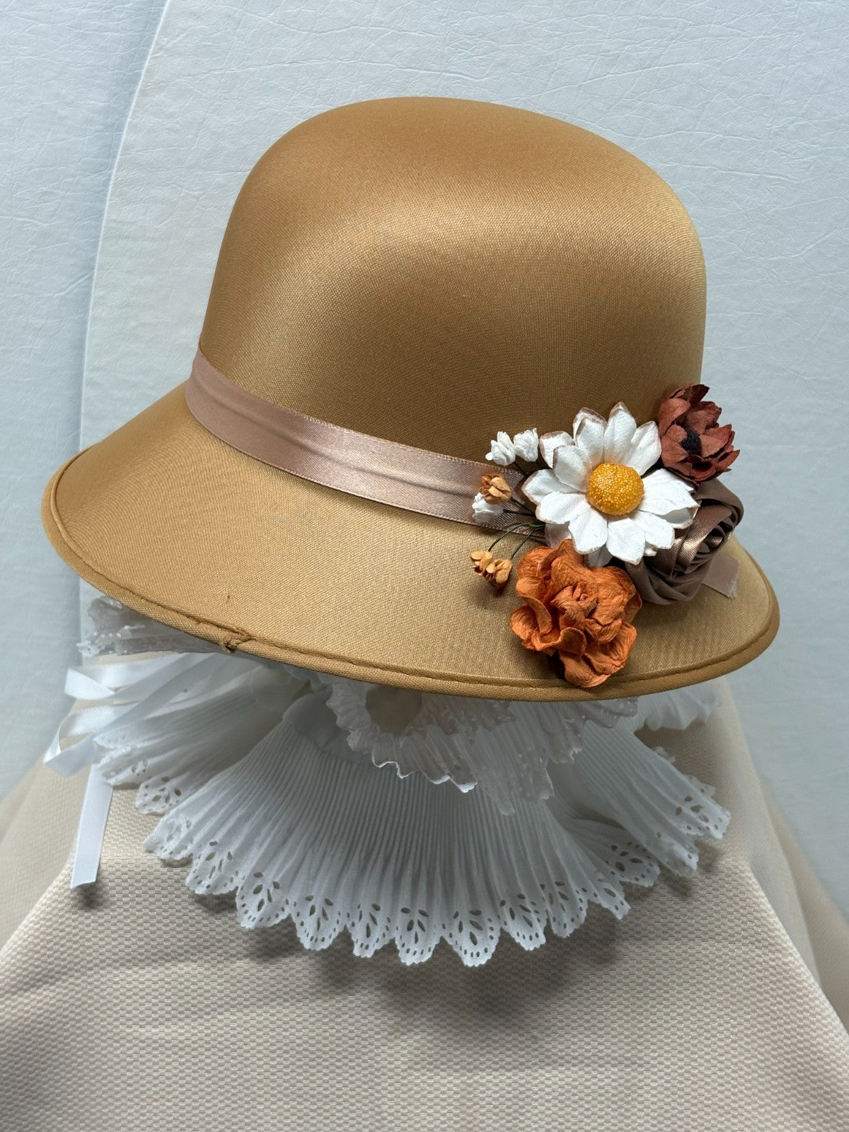 Tan Bowler Derby Hat - Boho Floral Daisy Rose - Tea Party Church Hat - Handmade