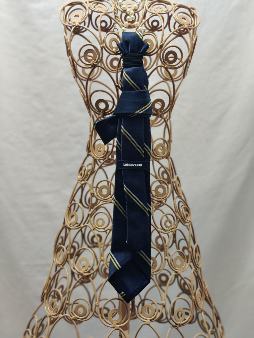 Women's School Tie Jabot Necklace - Navy Yellow Striped - Green Statement Button