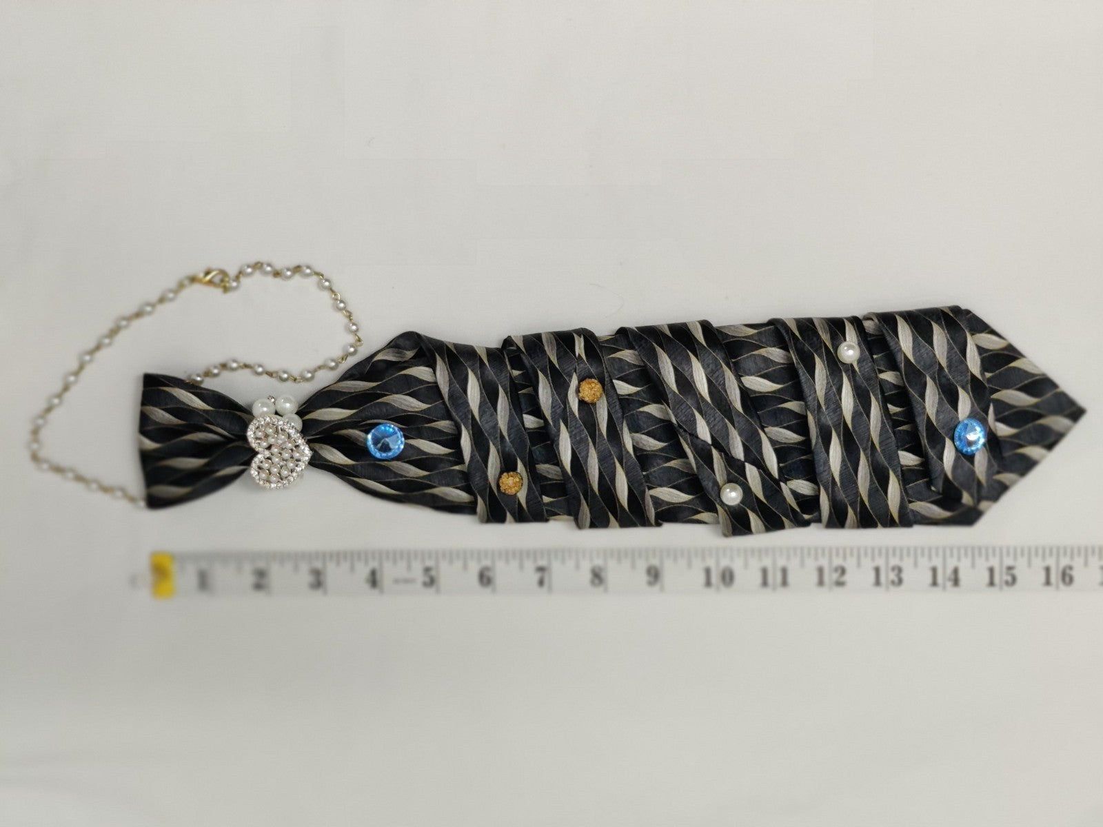Handmade Necktie Fish Sculpture - Upcycled Tie Art - Black Silver Wave