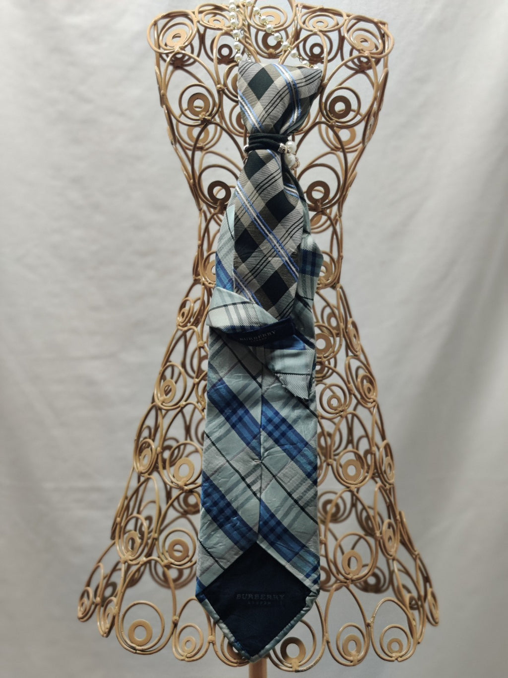 Women's Plaid Jabot Necklace - Blue Grey Black Tartan Tie - Pearl Rhinestone
