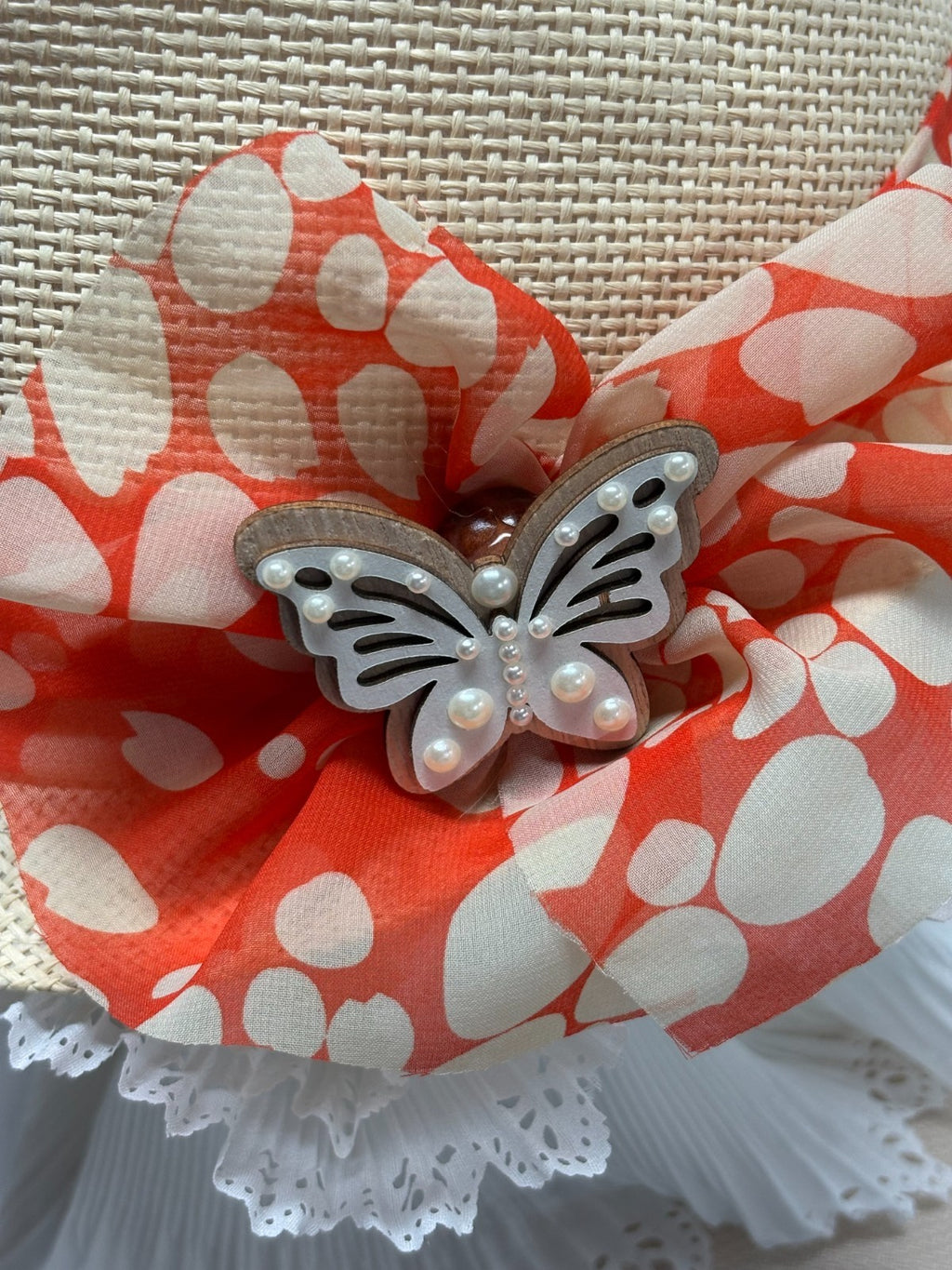 Beige Straw Fedora Hat - Coral Orange White Polka Dot Scarf Bow Pearl Butterfly