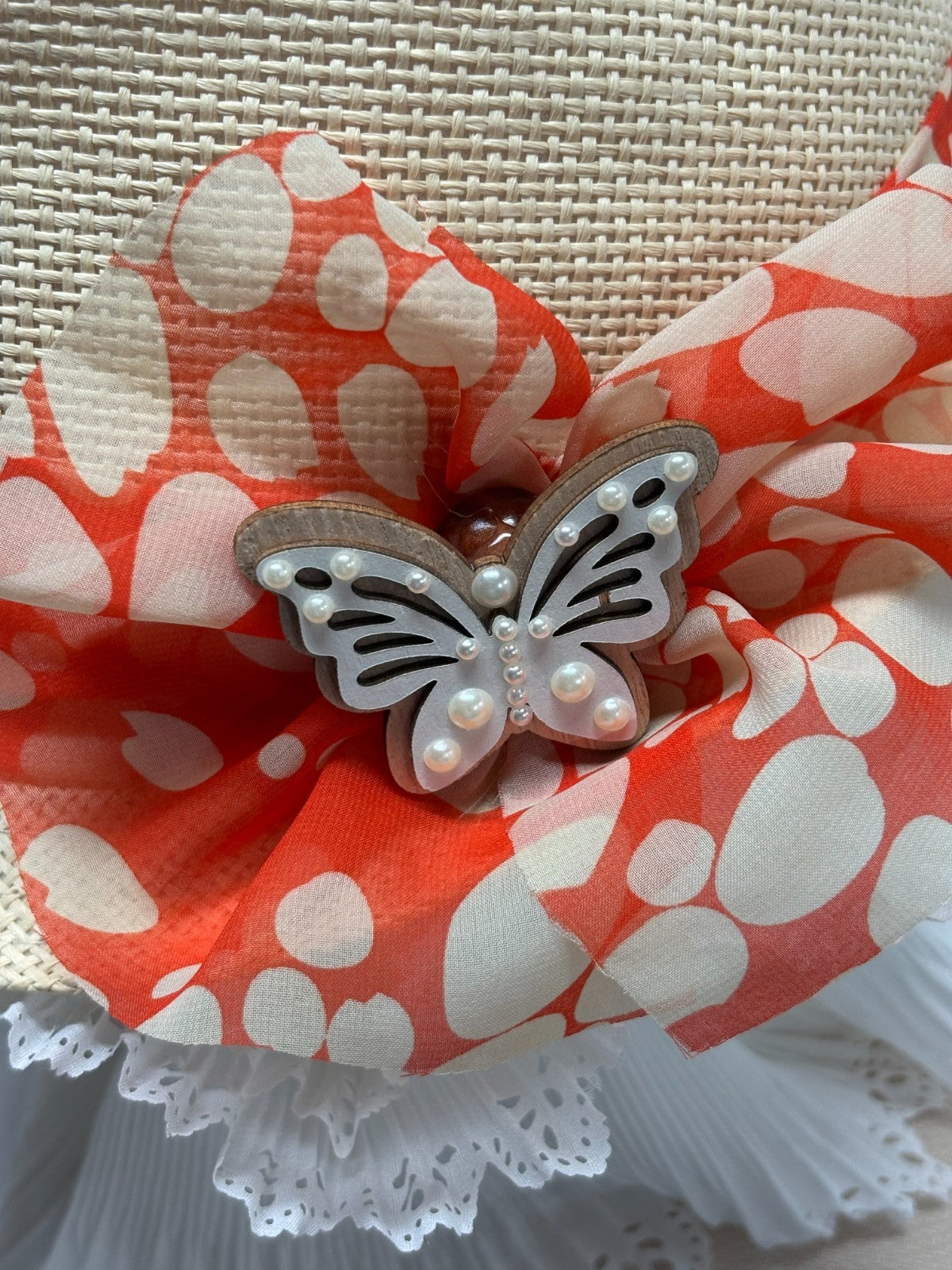 Beige Straw Fedora Hat - Coral Orange White Polka Dot Scarf Bow Pearl Butterfly
