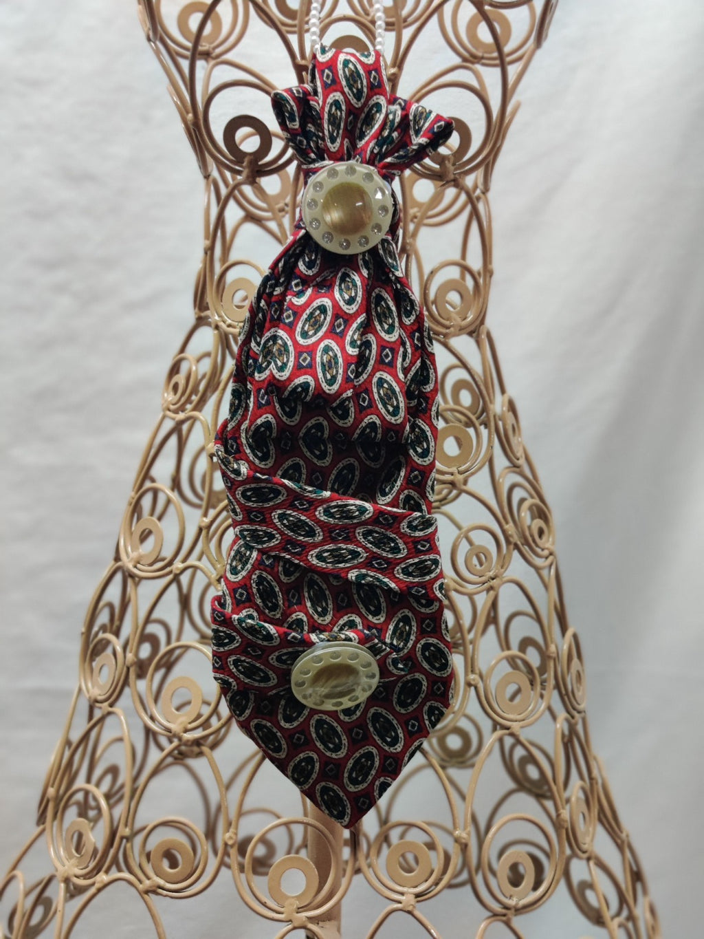 Women's Jabot Necklace - Red Vintage Paisley Tie - Pearl Chain - Oval Buttons