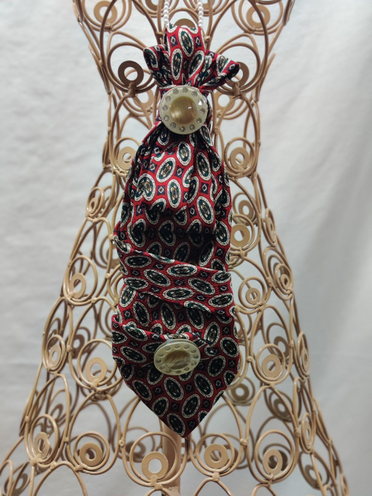 Women's Jabot Necklace - Red Vintage Paisley Tie - Pearl Chain - Oval Buttons