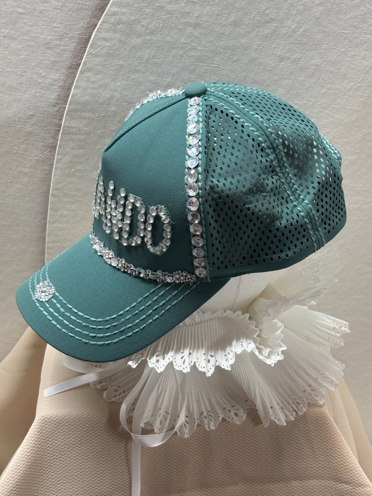 Orlando Bling Baseball Cap - Rhinestone Sage Green Trucker Hat - Handmade Sparky