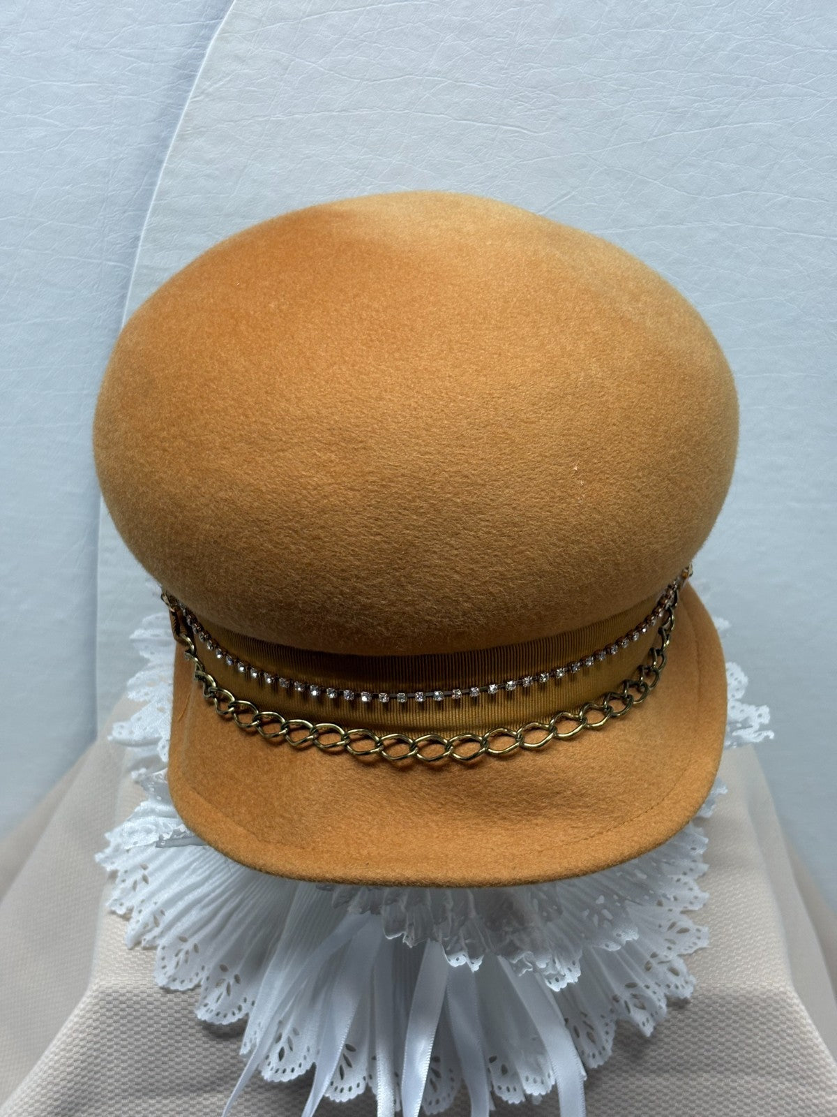 Camel Tan Baker Boy Newsboy Hat - Gold Chain & Rhinestone Trim - Designer Bling