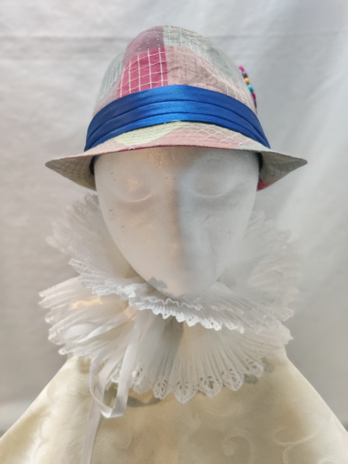 Patchwork Fedora Hat Multicolor Pink Blue - Hand Embellished Buttons Flower Boho
