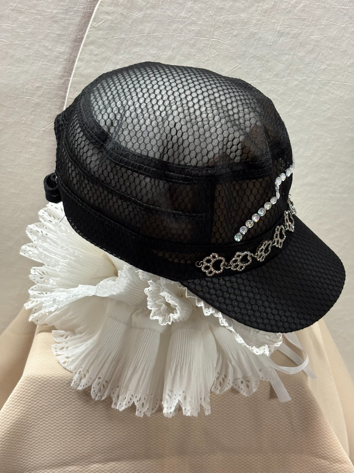 Dog Lover Bling Hat - Paw Print Rhinestone Cap - Black Mesh - Lace Ruffle