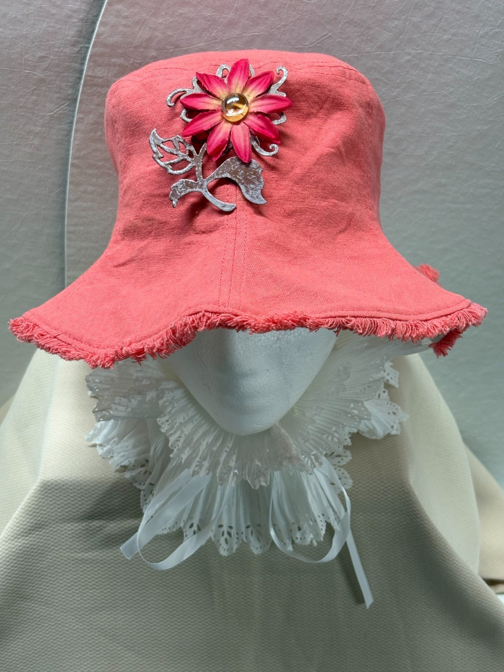 Reversible Bucket Hat 2-in-1 Coral & Cream Magnetic Removable Flower Brooch