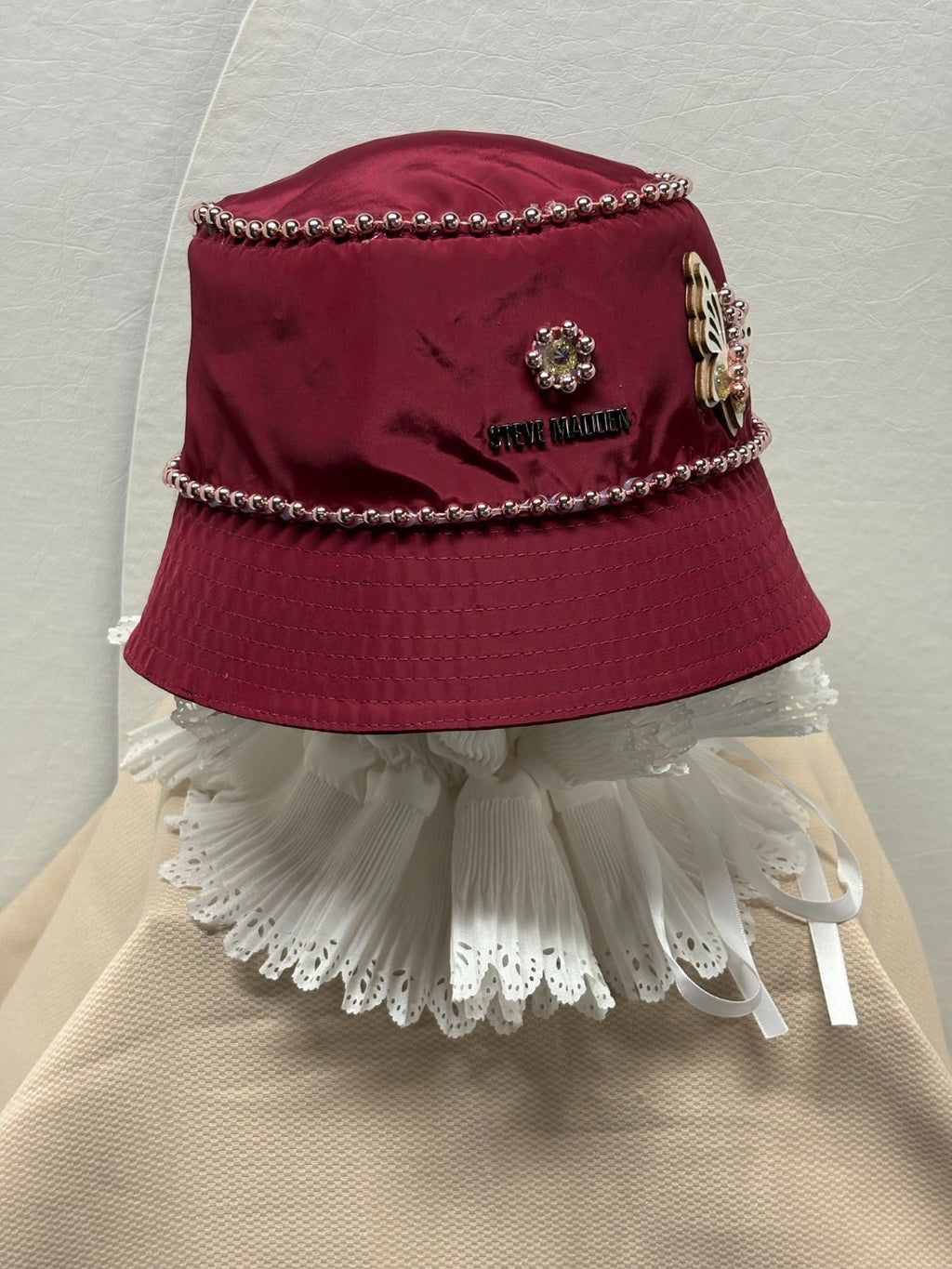Steve Madden Burgundy Bucket Hat - Pearl Chain and Butterfly Bling - Handmade