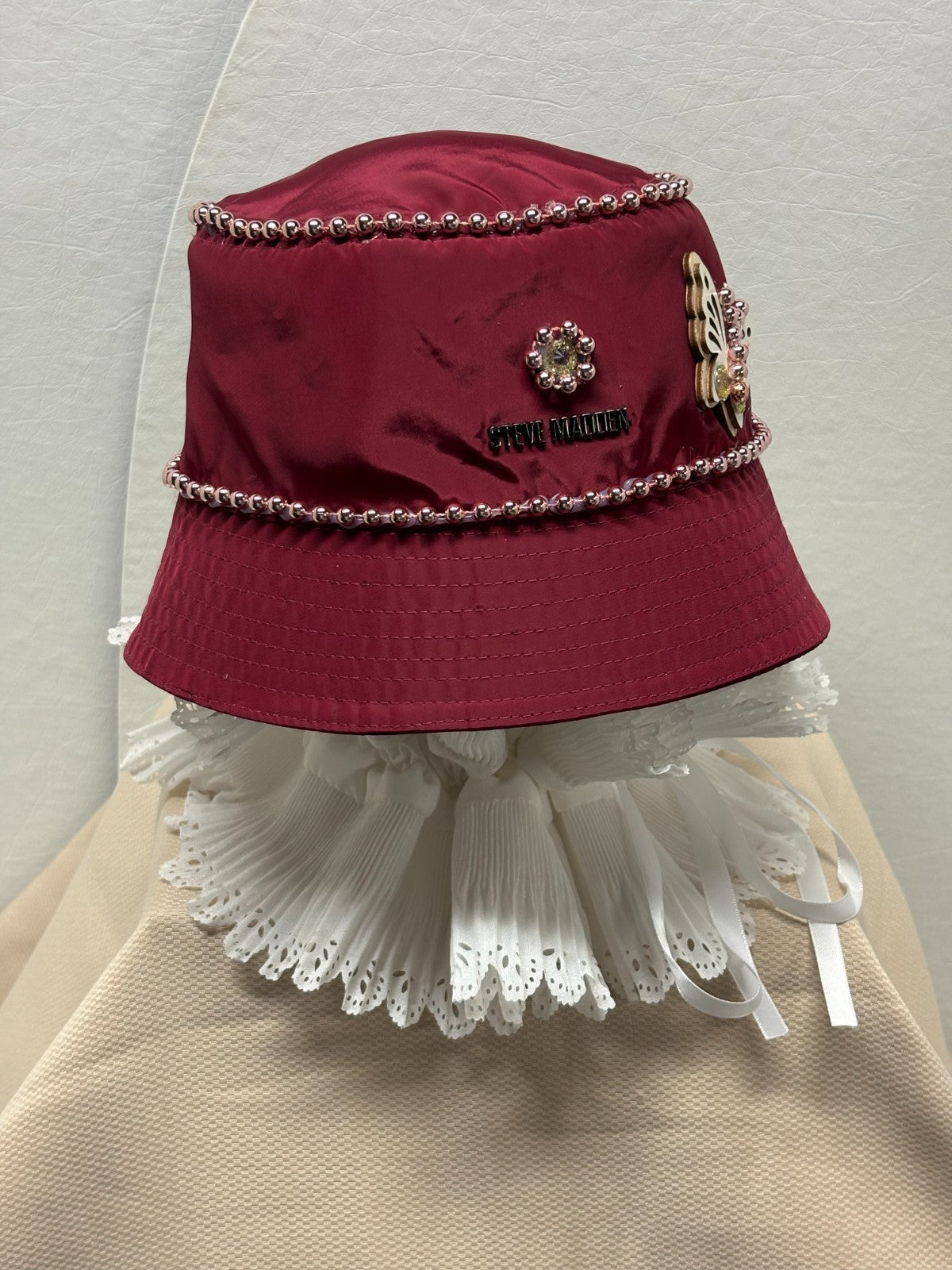 Steve Madden Burgundy Bucket Hat - Pearl Chain and Butterfly Bling - Handmade