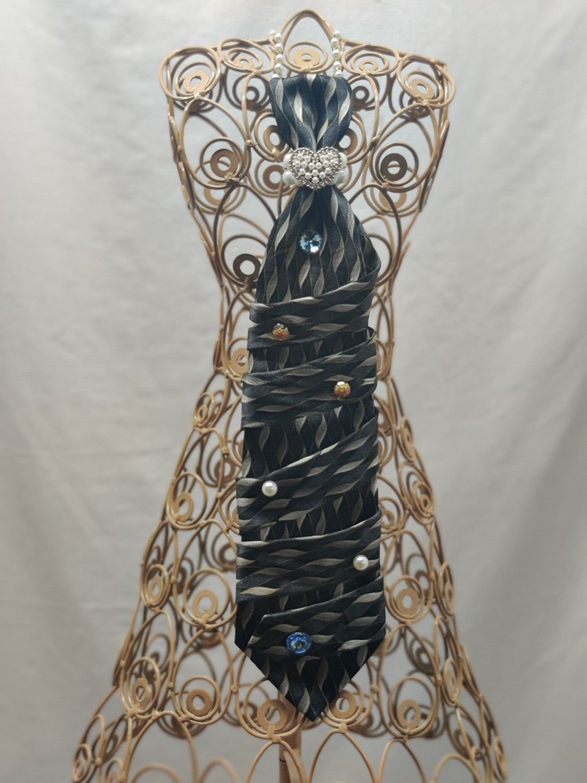 Handmade Necktie Fish Sculpture - Upcycled Tie Art - Black Silver Wave