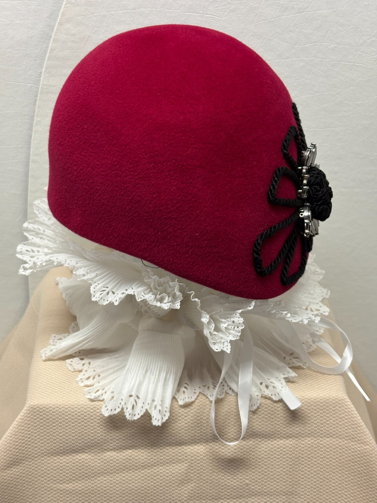Red Beret Hat - Black Rope Flower Rhinestone - French Parisian Statement Hat