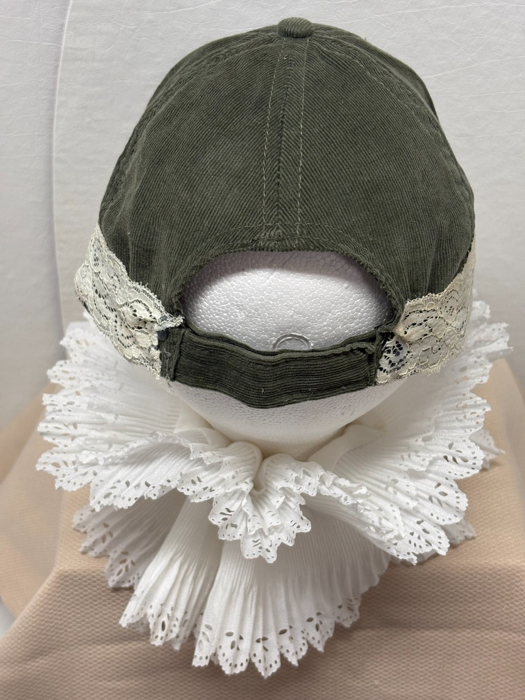 Olive Green Baseball Cap - White Lace band - Hand Painted Pink Butterfly Button