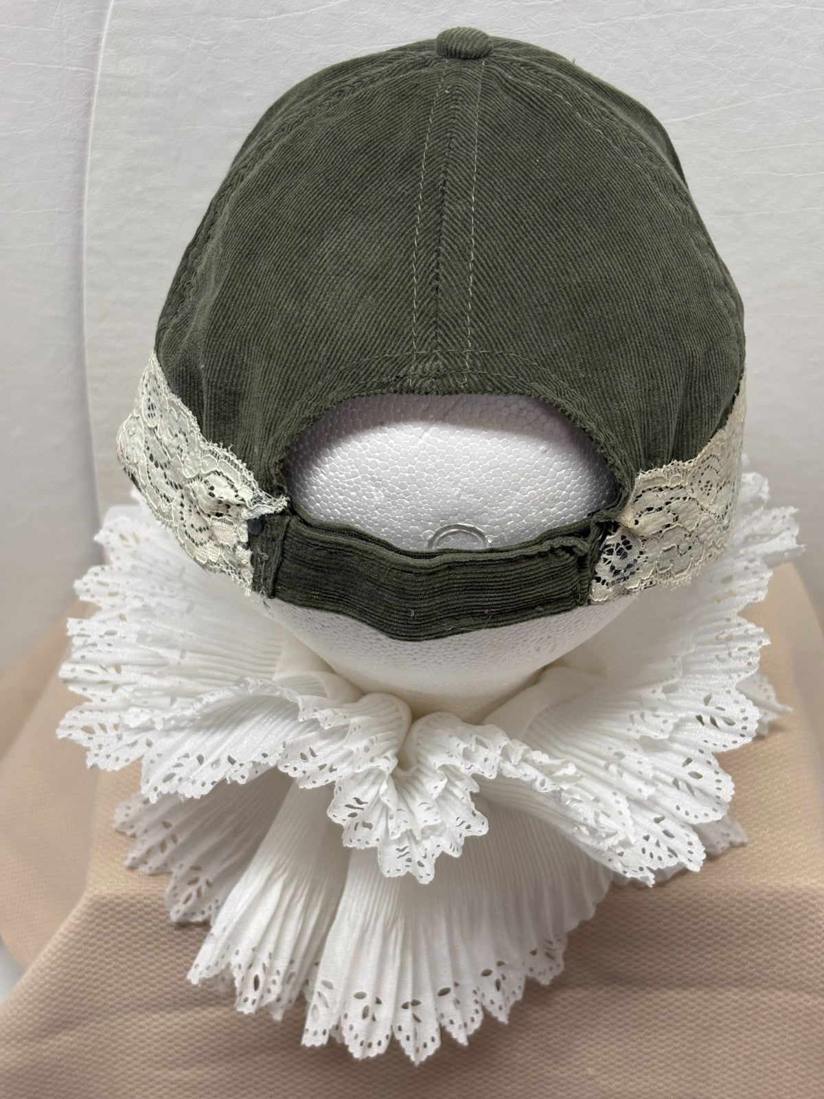 Olive Green Baseball Cap - White Lace band - Hand Painted Pink Butterfly Button