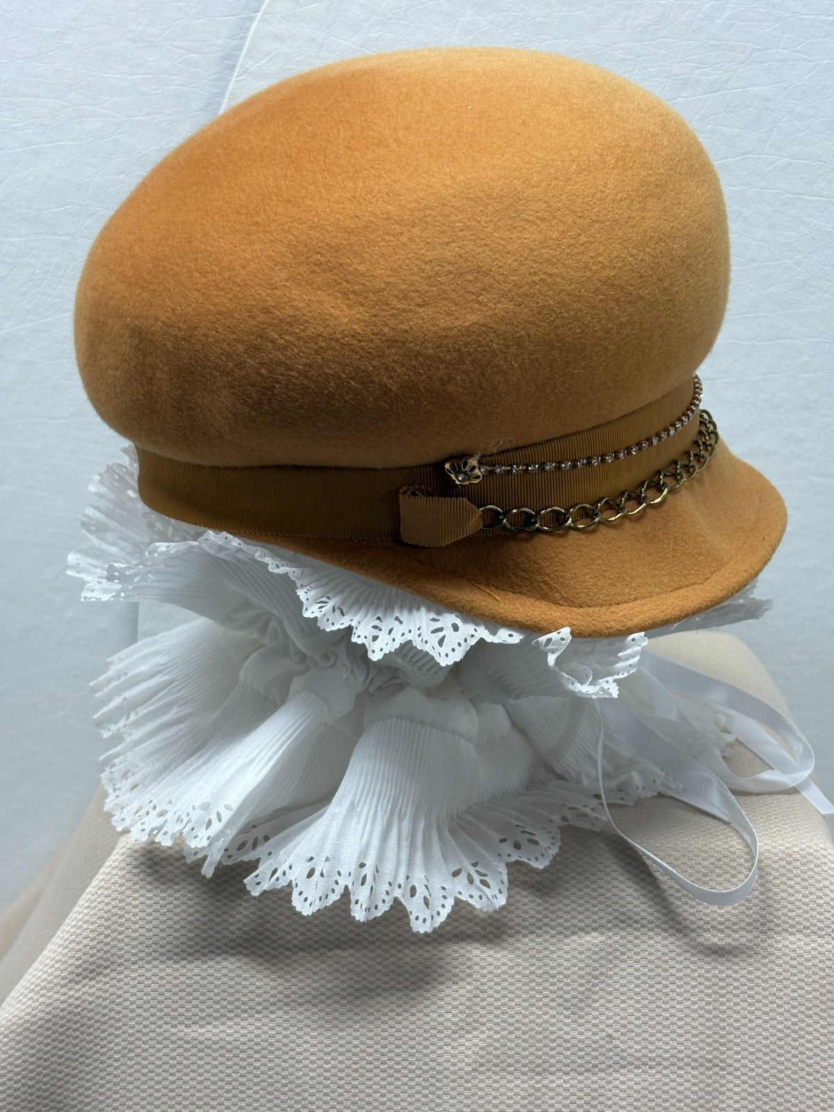 Camel Tan Baker Boy Newsboy Hat - Gold Chain & Rhinestone Trim - Designer Bling