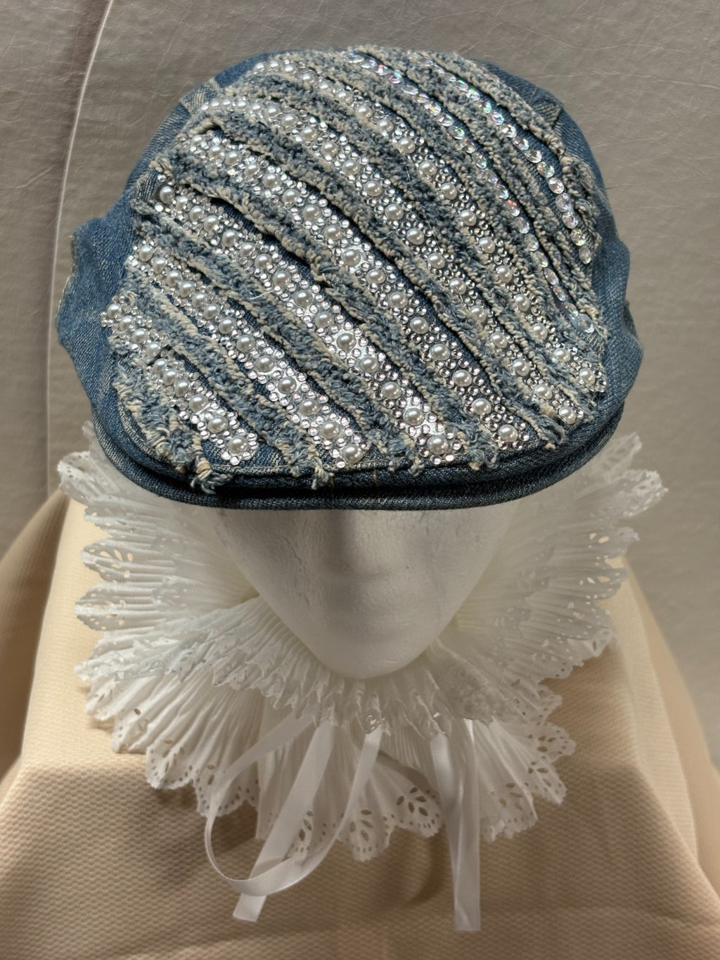 Denim Newsboy Cap - Pearl & Rhinestone Flat Cap - Bling Distressed Denim - Boho