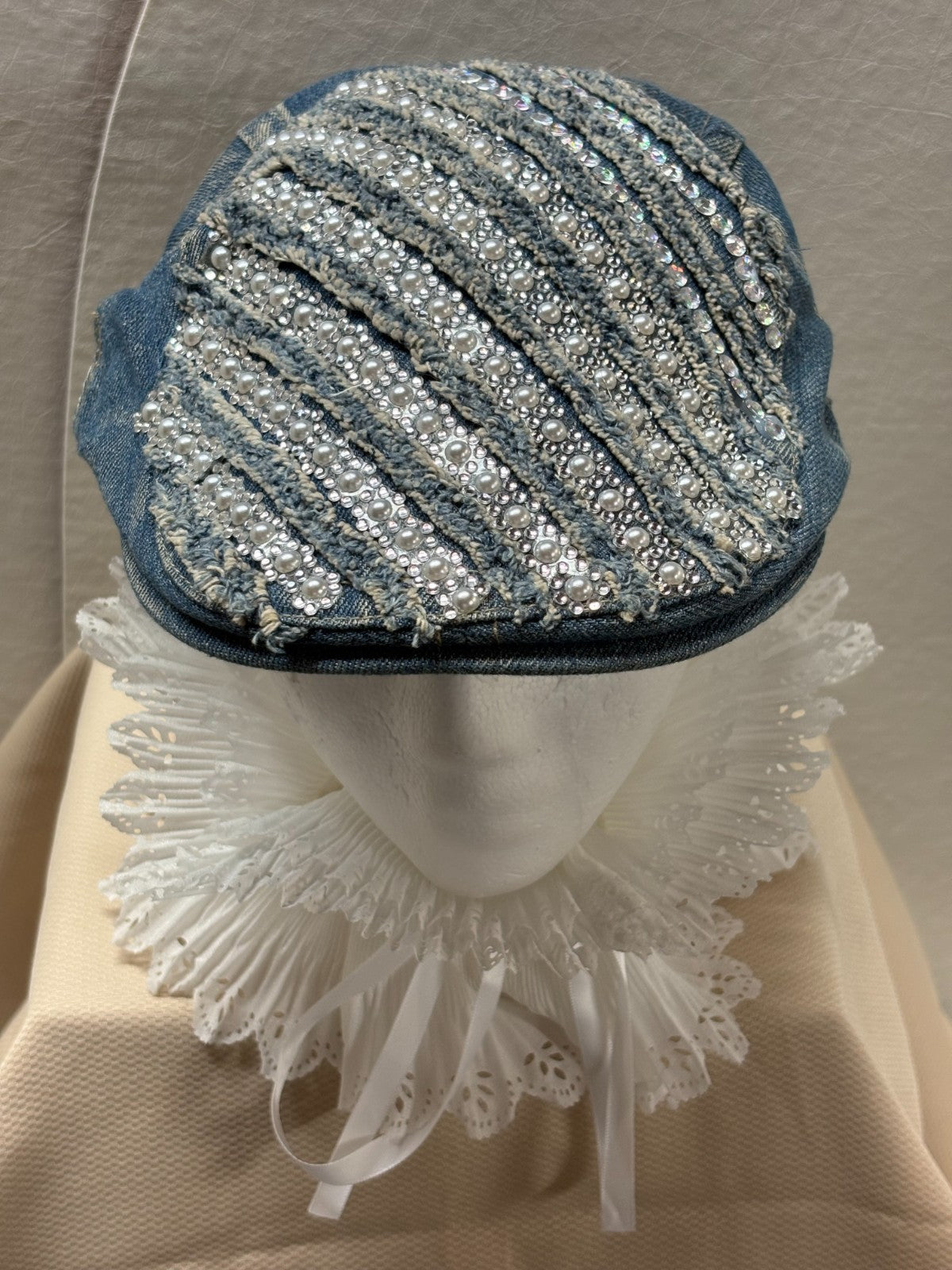 Denim Newsboy Cap - Pearl & Rhinestone Flat Cap - Bling Distressed Denim - Boho