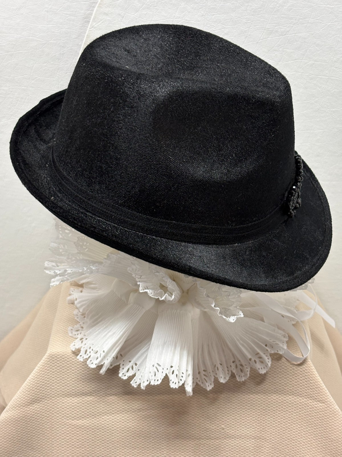 Black Velvet Fedora Hat- Sparkle Shimmer -  Black Beaded Rhinestone Bow Brooch