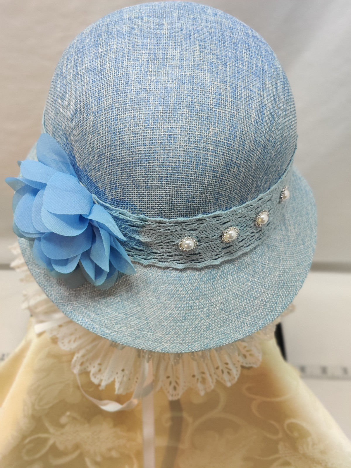 Angela & Williams Cloche Hat Baby Blue Linen -Embellished Pearl Rhinestones Lace