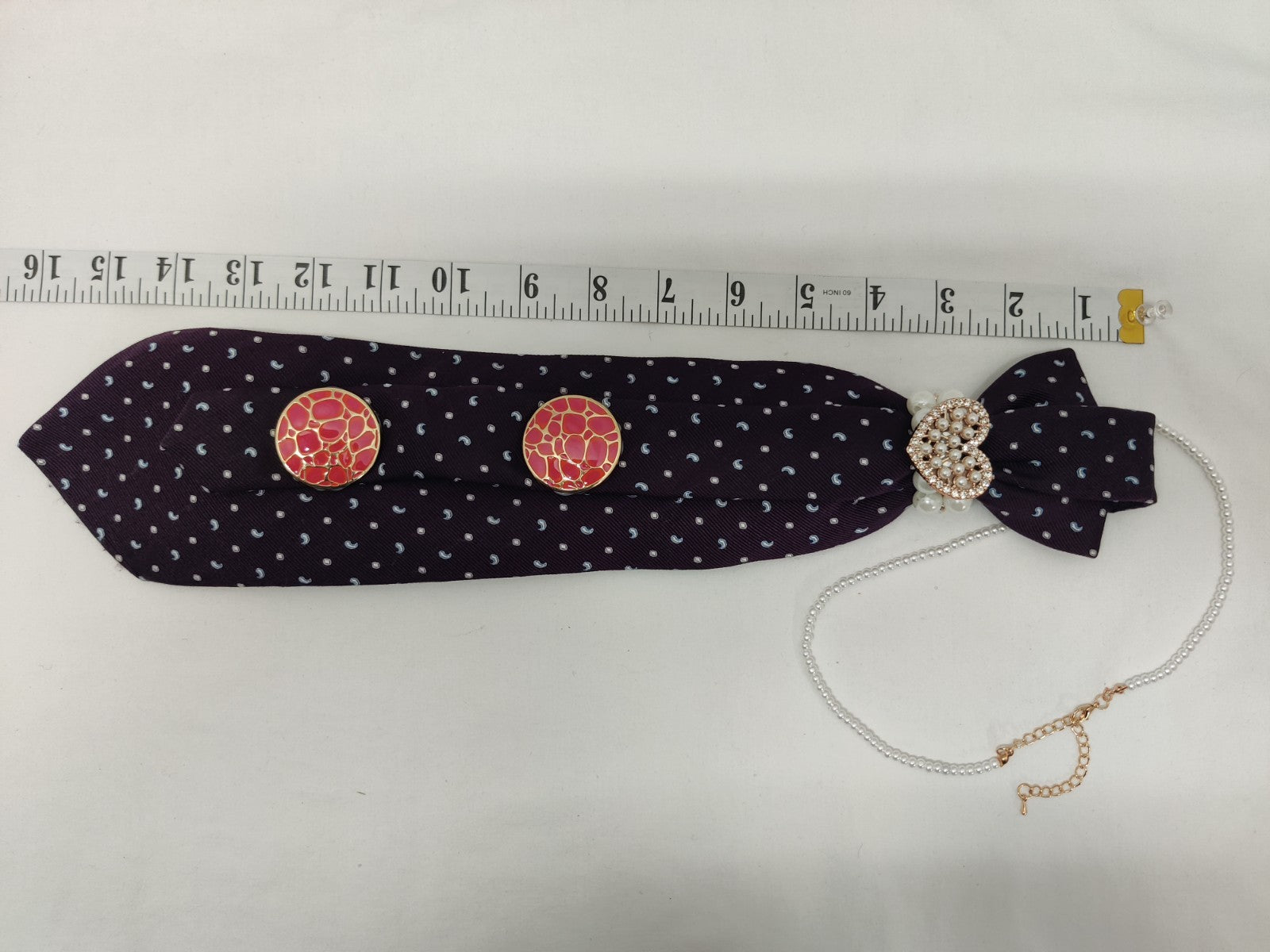 Women's Polka Dot Jabot Necklace - Navy Plum Tie - Red Mosaic Buttons